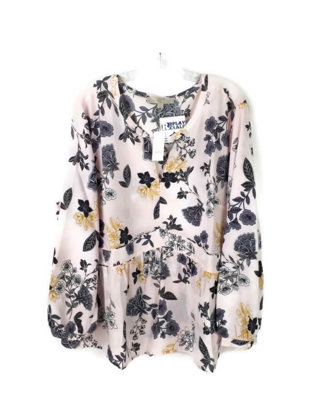 LOFT Pink Floral Peplum Top with Black and Gold Accents